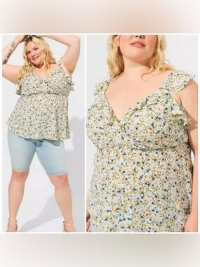 Torrid Peplum Georgette Ruffle Surplice Tank Top Sunshine Ditsy Floral Sz 6X /30